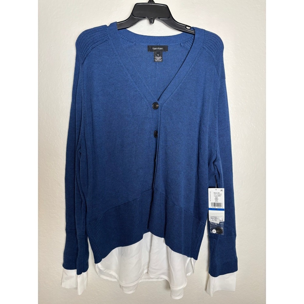 NWT Karen Kane Sweater Cardigan Cashmere Blend Blue White Shirt Hem Size X-Large - Picture 2 of 3